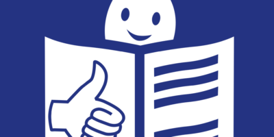 Europäisches Logo für Leichtes Lesen von Inclusion Europe. Das Logo ist blau und zeigt einen stilisierten Kopf über einer aufgeschlagenen Zeitung. Auf dem linken Blatt der Zeitung ist ein "Daumen hoch".